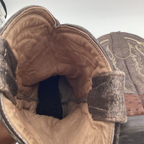 Men's Brown Ostrich Skin Western Boots Square Toe Mid-Calf - Picture 9 of 11